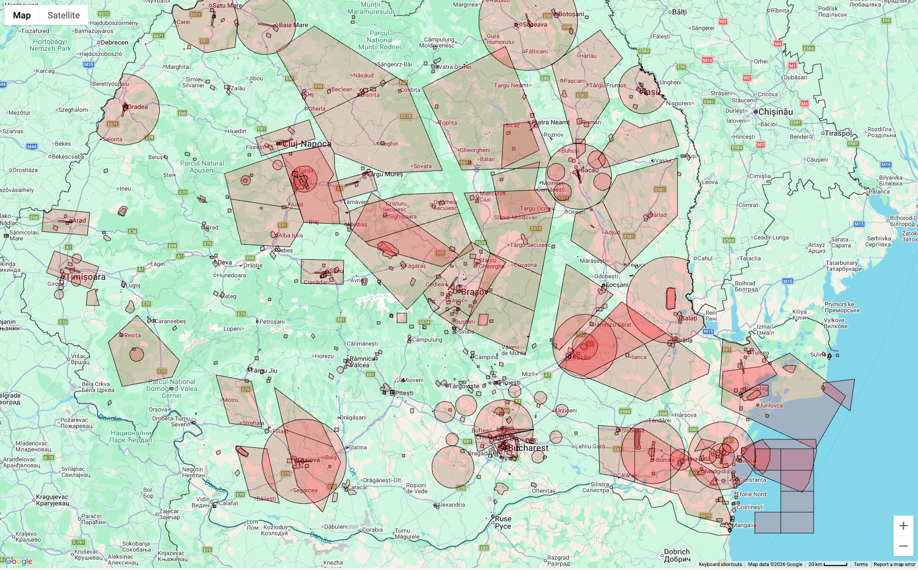 No-fly zone map showing restricted airspace overlays